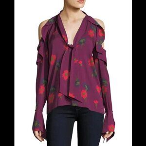 Tanya Taylor Adriene Spaced-Out Floral Cold-Shoulder Silk Blouse size LARGE/4